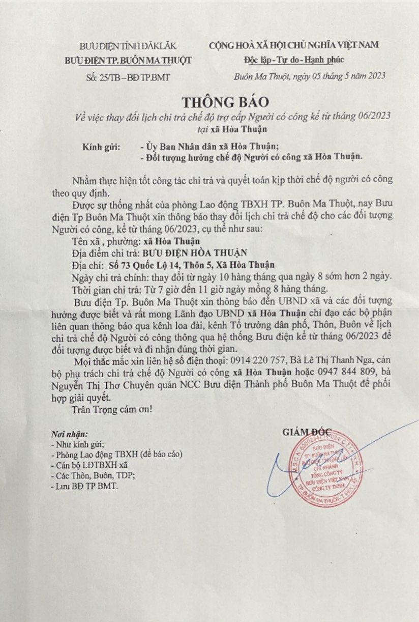 Thông báo về việc thay đổi lịch chi trả chế độ trợ cấp Người có công kể từ tháng 06/2023 tại xã Hoà Thuận